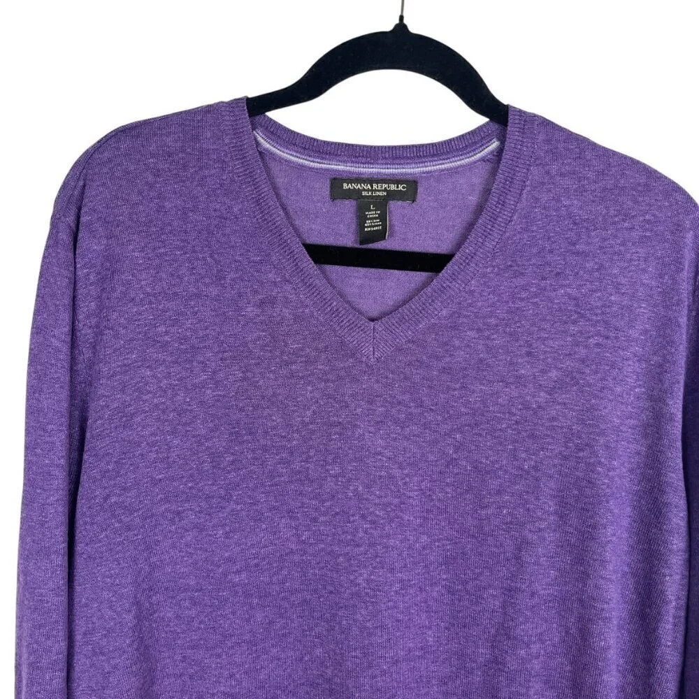 BANANA REPUBLIC Men's Purple Silk Linen Blend V-Neck Sweater Preppy Casual Large